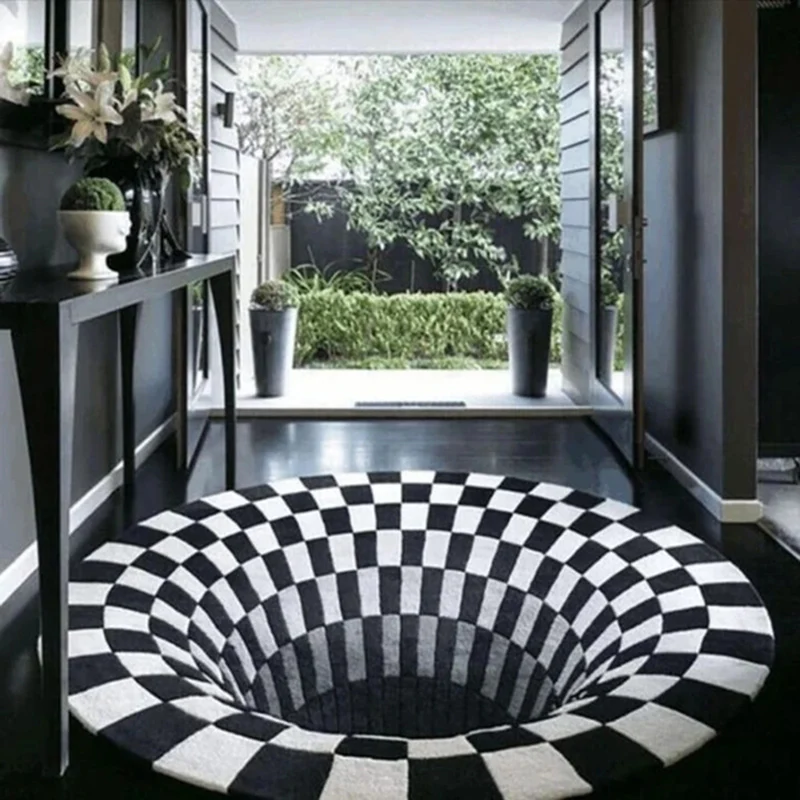 Vortex Illusion Rug 3D Trap Effect Bottomless Hole Carpet Round Black White Grid Room Bedroom Anti-Slip Floor Mats Fashion | Дом и сад