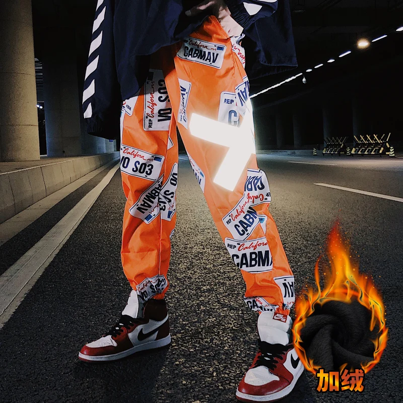 

Reflective Cargo Mens Pants Plus Velvet Tactical Pocket Trouser Ribbon Hip Hop Casual Streetwear pants loose running patchwork