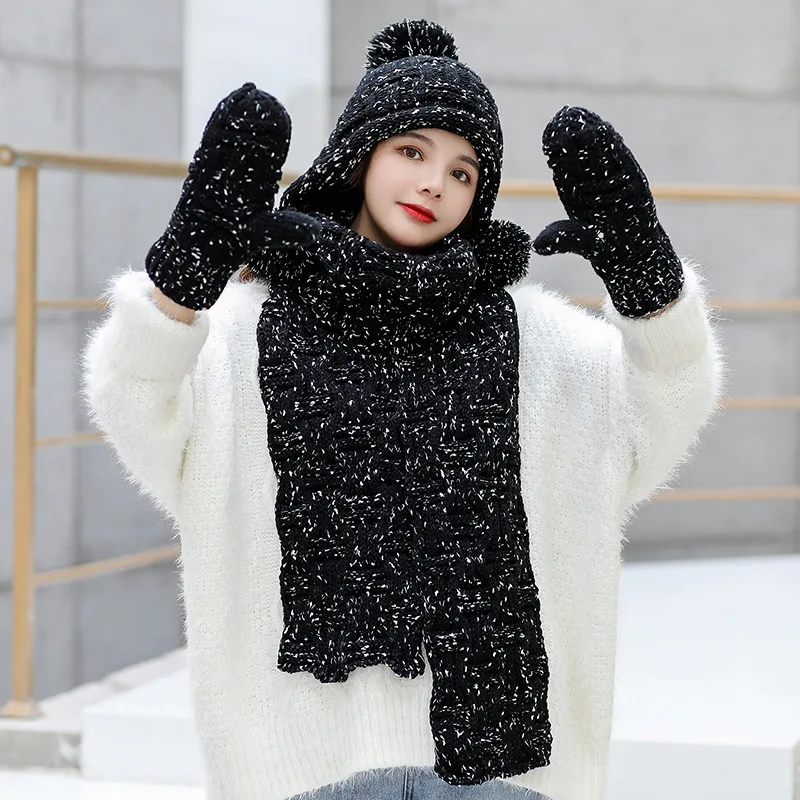 Hat scarf gloves3 Зимняя вязаная шерстяная шапка, Женская шерстяная шапка с помпоном, утолщенная шапка, костюм с нагрудником, теплая шапка с защитой ушей, три зимние шапки для женщин, Skullies - Цвет: Hat scarf gloves3