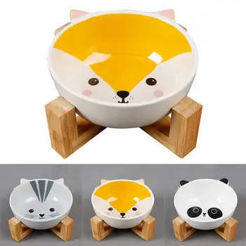 

Pet Bowl Creative Cute Cartoon Pattern Ceramic Dog Bowl Cat Bowl with Wood Stand