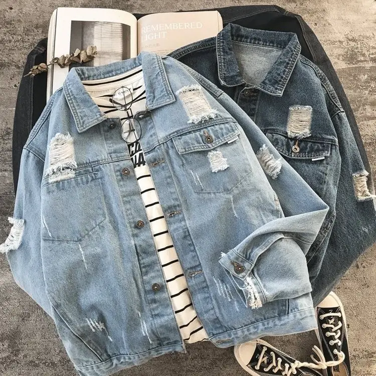

New style hole denim jacket men's spring and autumn trend slim and handsome couple Jacket Top