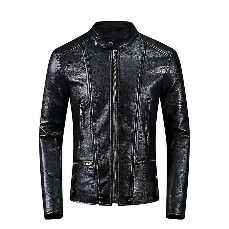 KIOVNO 2019 Men's Biker Leather Jacket Coats Solid Color Stand Collar Motorcycle Pu Faux Leather Jackets Outweare Male Black  (1)