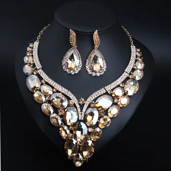 

New Ladies Jewelry Set European American Exaggerated Crystal Gems Short Clavicle Necklace Earrings Bridal Party Dress Accessorie
