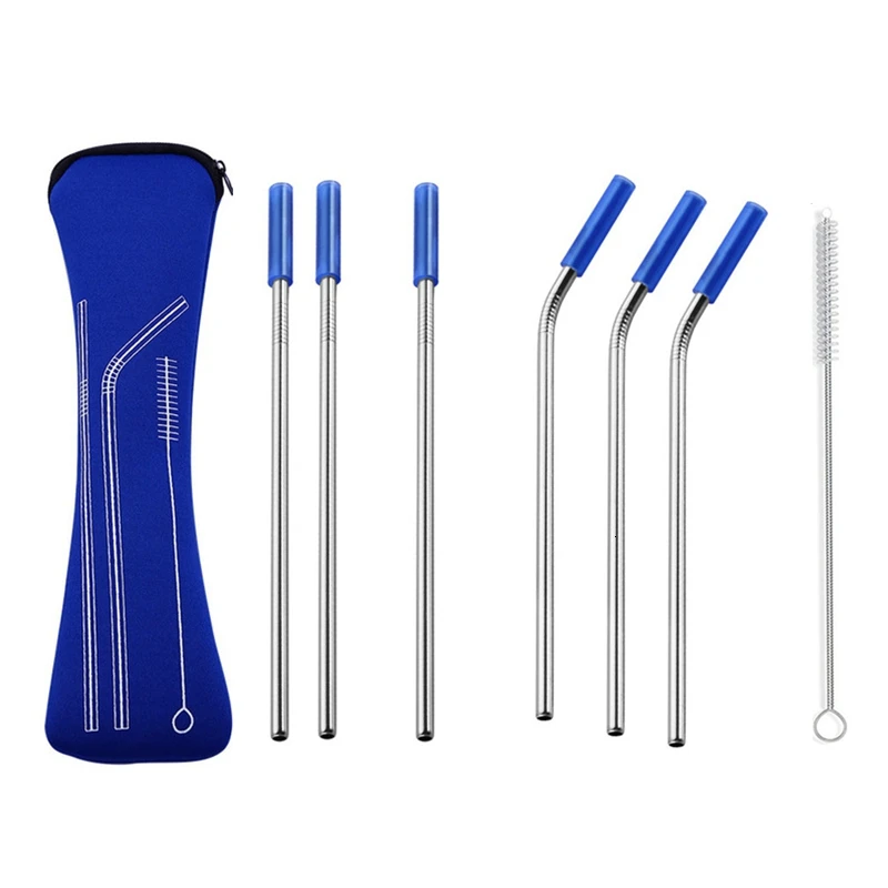 Navy 6pcs 8 шт красочные многоразовые силиконовые наконечники крышка из нержавеющей стали соломинка металлическая соломинка с кистью набор кухонных столовых инструментов - Цвет: Navy 6pcs