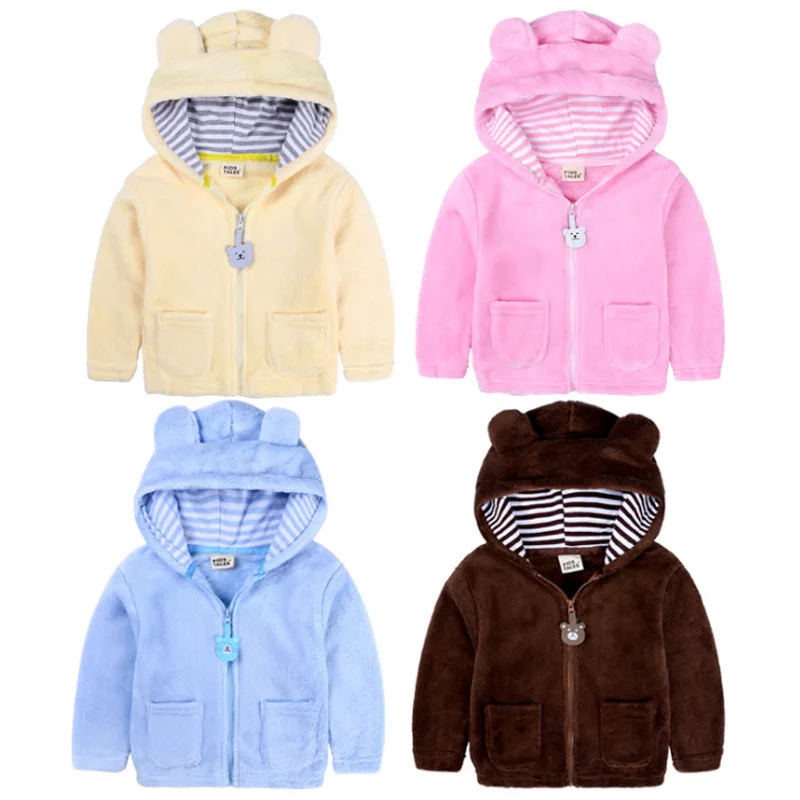 Пальто для малышей куртка для мальчиков и девочек костюм с капюшоном для малышей Одежда с медведем, верхняя одежда Модные Твердые наряды мягкий длинный рукав для от 3 до 24 месяцев