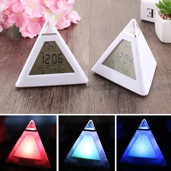 

New Alarm Clocks Pyramid Temperature 7 Colors LED Change Backlight LED Moon Alarm Clock Digital Student Small Clock