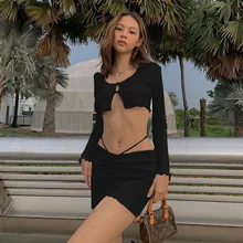 

Sexy Two-piece Summer Dress for Women 2021 Long Sleeve Ruffled Back Cross Straps Exposed Umnolical Ears T-shirt Short Skirt Suit