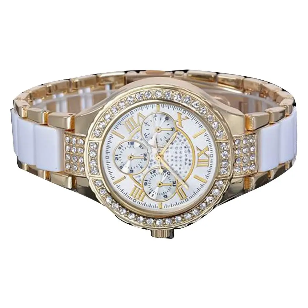 

Ladies Elegant Luxury Fashion Quartz Wrist Watch Rhinestone Round Dial Roman Numeral Sub-dial Analog Women watches reloj mujer