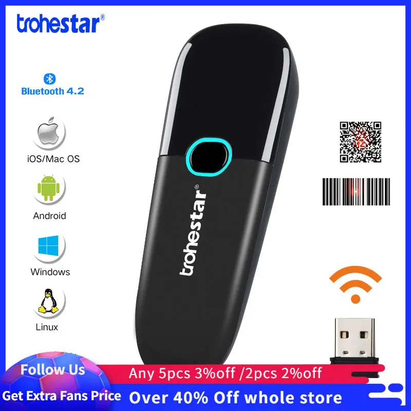Trohestar-escáner de código de barras 1D 2D lector de código de barras QR inalámbrico, contador de inventario portátil, escáner de código de barras, PDF 417 lector codigo barras escaner escaner codigo de barras radio s