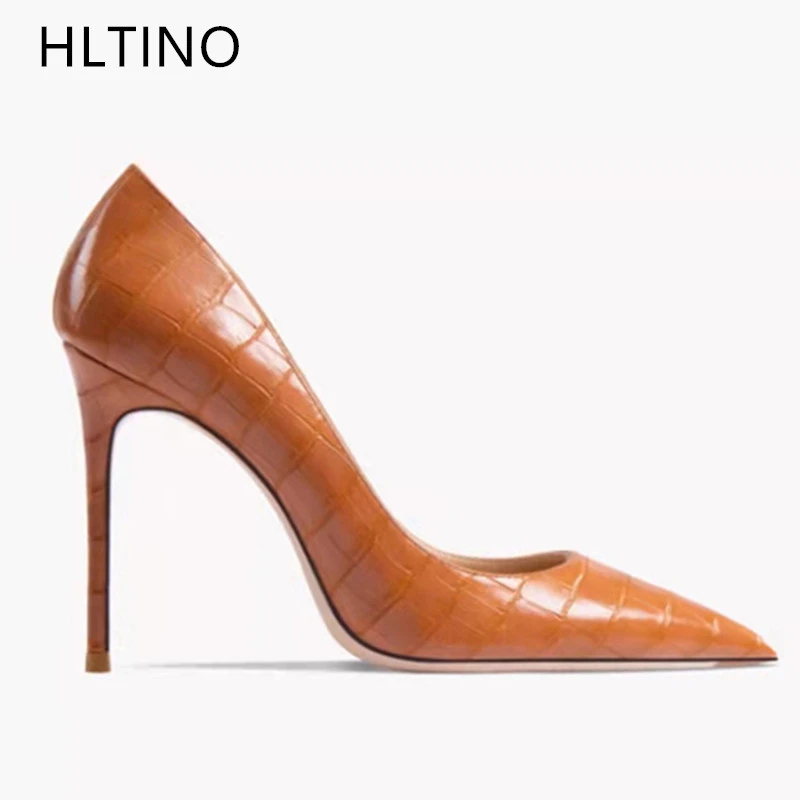 HLTINO Brown Crocodile Checkered Sexy Pumps Quality Women High Heeled