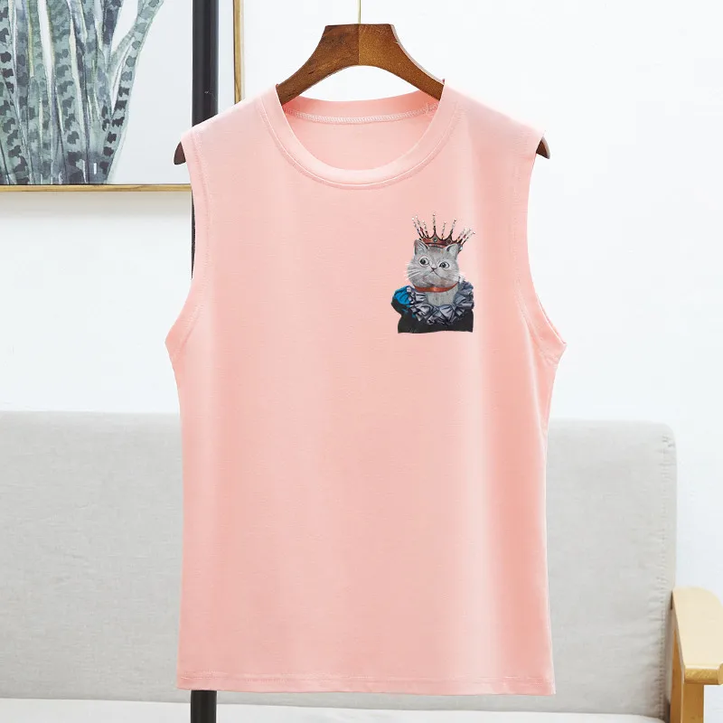 

2020 Fashion T-shirt woman Crown Cat sleeveless O-neck t shirt tshirt women tops summer couple korean harajuku tee shirt femme