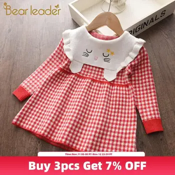

Bear Leader Girls Plaid Dress 2020 New Autumn Girl Causal Cartoon Cute Dress Kid Princess Costume Cute Knitted Children Vestidos