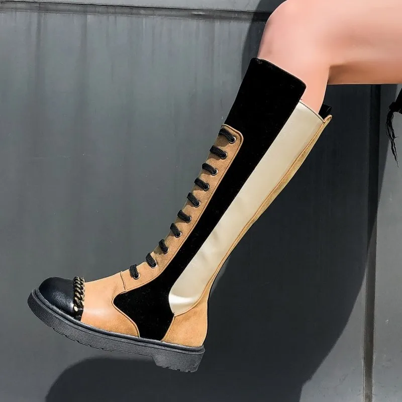 

US4-11 Womens Round Toe Punk Knee High Boots Metal Chain Decor Lace Up Shoes Snake Pattern Match Colors Motorcycle Plus Size