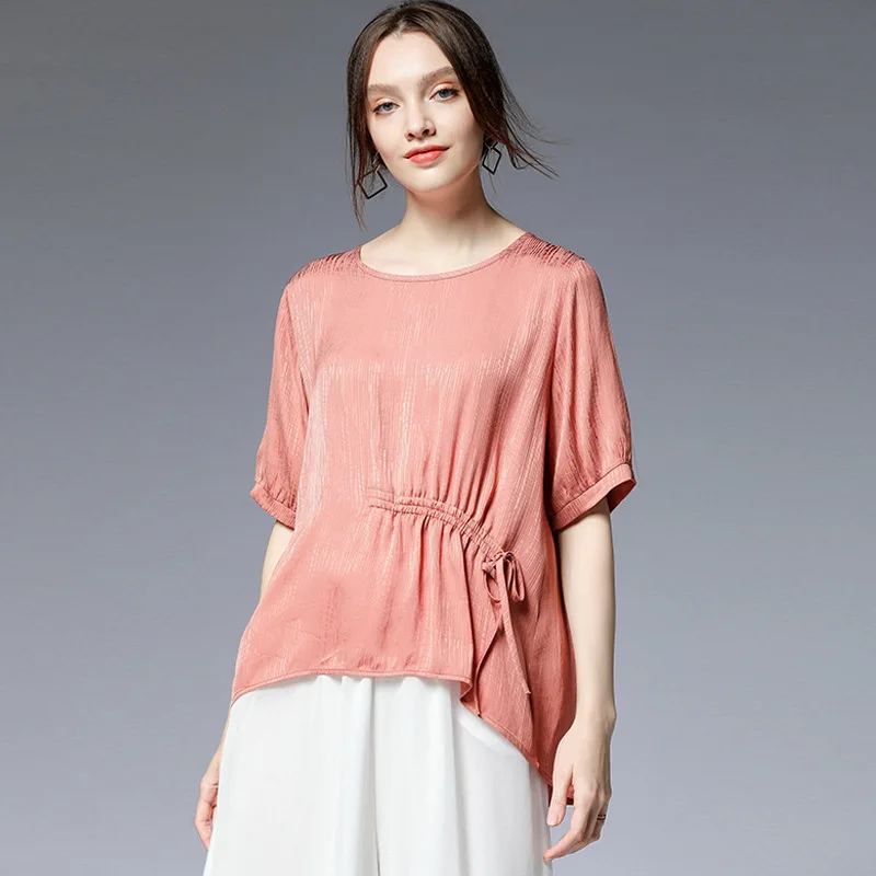 pink colour Модная новинка, летняя модная женская одежда размера плюс, Женская плиссированная эластичная свободная футболка с круглым вырезом и рукавами WH1151 - Цвет: pink colour