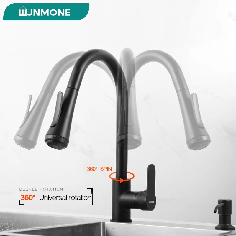 WJNMONE Black 304 stainless steel pull-out rotating kitchen faucet multifunctional hot and cold sink sink universal faucet