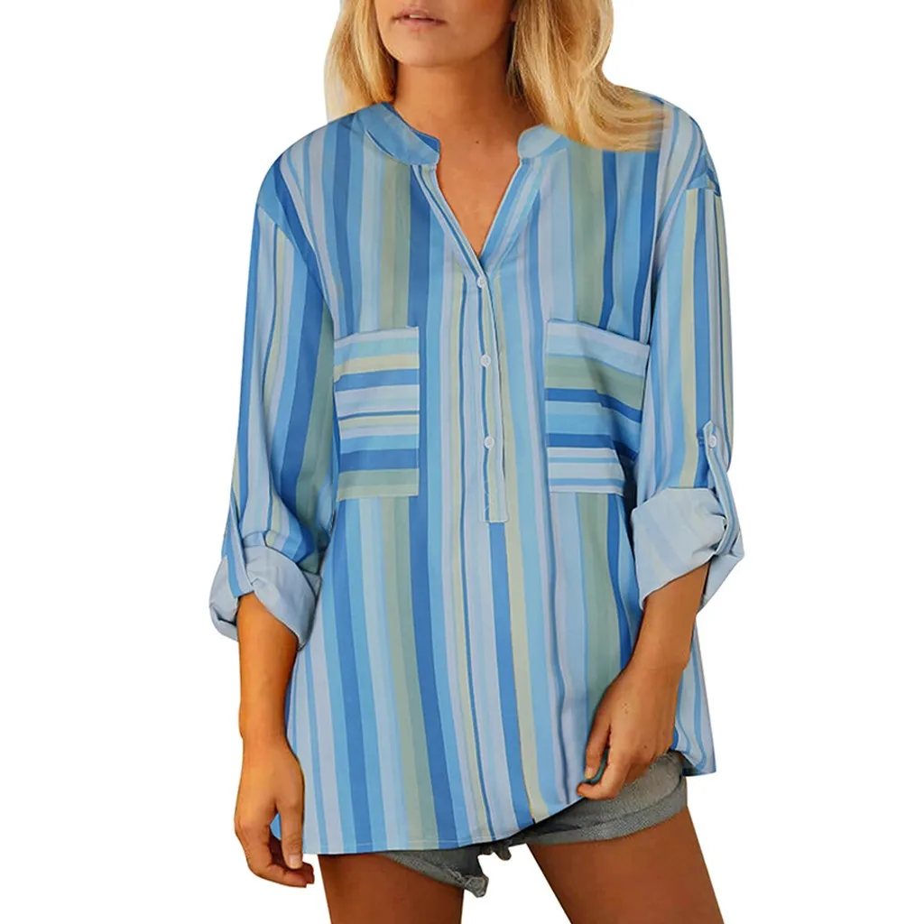 

Autumn stripe Women tunic Shirts 2019 Fashion Casual V- Neck Pockets Button Long Sleeve Shirt Tops Blouse tallas grandes mujer