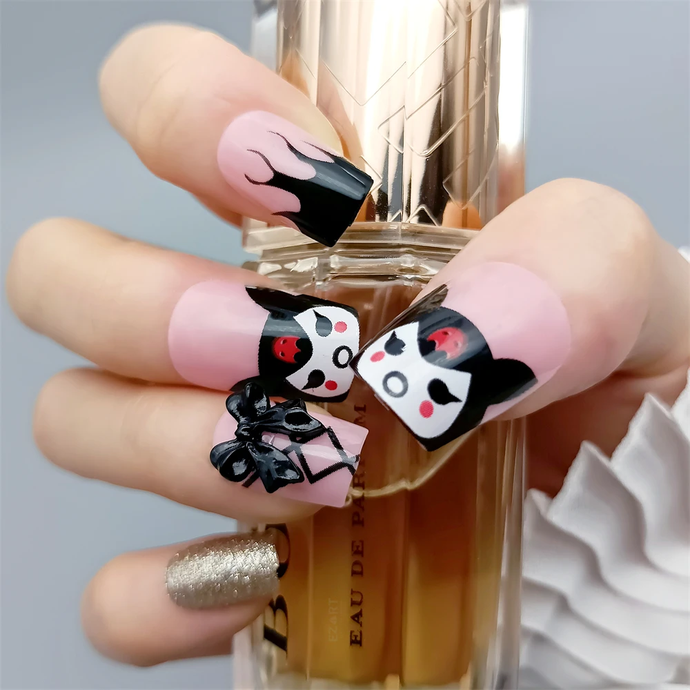Anime Figure Designed False Nails Squoval Long with 3D Bow Tie Cute Stick  On Cartoon Nail Art Pink with Glitter for Girls 24pcs - AliExpress Beauty &  Health