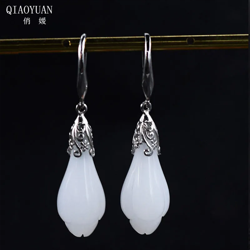 

925 sterling silver earings Jade jewelry gold earrings fashion white jade Women's 925 silver gold-plated necklace set orchid