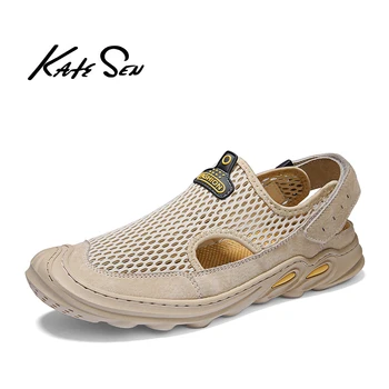 

KATESEN Brand Men Leather Splice Sandals Fashion Slippers Male Breathable Summer Beach Shoes Sandals Outdoor Casual Men Shoes