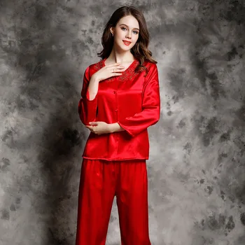 Birdsky, 1SET Women pajamas pijamas pajama set nightwear long sleeve lace sleepwear O neck 100% mulberry silk satin solid, S-301