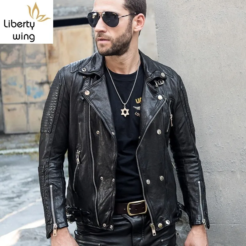 

Luxury Mens Short Slim Genuine Leather Buckle Tanning Sheepskin Coat Zipper Designer Motorcycle Jacket Biker Outerwear