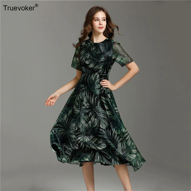 Truevoker Summer Runway Designer Ladies Dresses Women's Vintage Green Leaves Printed Midi Vestidos Casual Robe Femme Ete