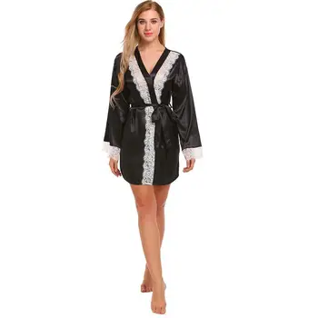 

Women 3/4 Sleeve Front Open Night Robe Above Knee Lace Decor Sleepwear