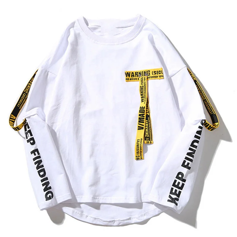 Мужская футболка в стиле хип-хоп с длинными рукавами и принтом с лентой на спине, модные топы в японском стиле, футболки Харадзюку, толстовки в стиле "SWAG" T017 - Цвет: WHITE