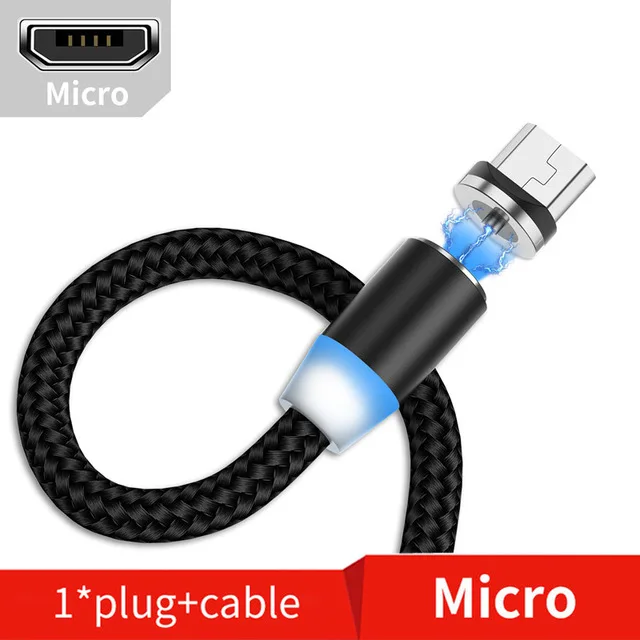 Оливковый 1 м 2 м Магнитный кабель светодиодный Micro usb type C Магнитный usb-кабель для зарядки iPhone X 7 8 XS Max XR huawei samsung xiaomi LG - Цвет: For Micro Black