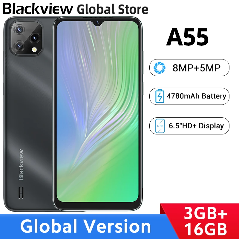 Global Version Blackview A55 3GB RAM 16GB ROM Smartphone MTK MT6761V Quad-core 6.5" Display Mobile Phone 4780mAh Battery
