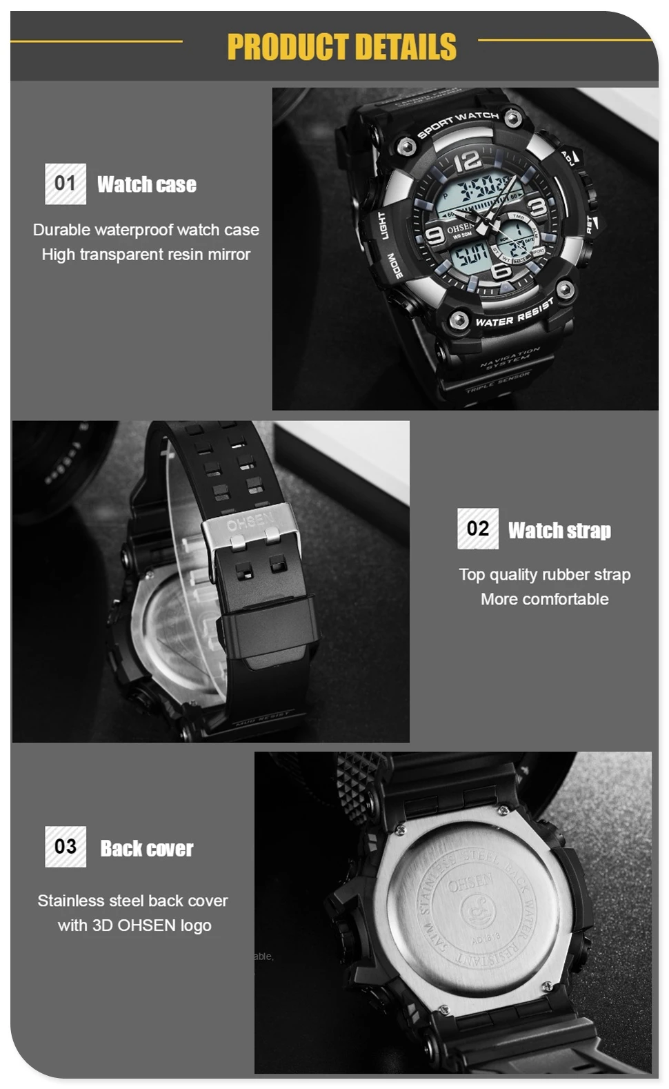 2019 мужские часы OHSEN спортивные часы водонепроницаемые 50 м наручные часы Relogio Masculino Militar AD1813 мужские часы цифровые военные армейские