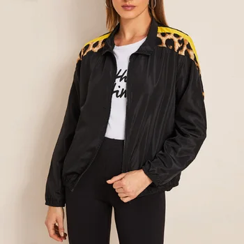 

2020 Fashion Leopard Stitching Jackets Coat Women Casual Long Sleeve Zipper Windbreaker Jacket Tops Short Coats Outfits Female