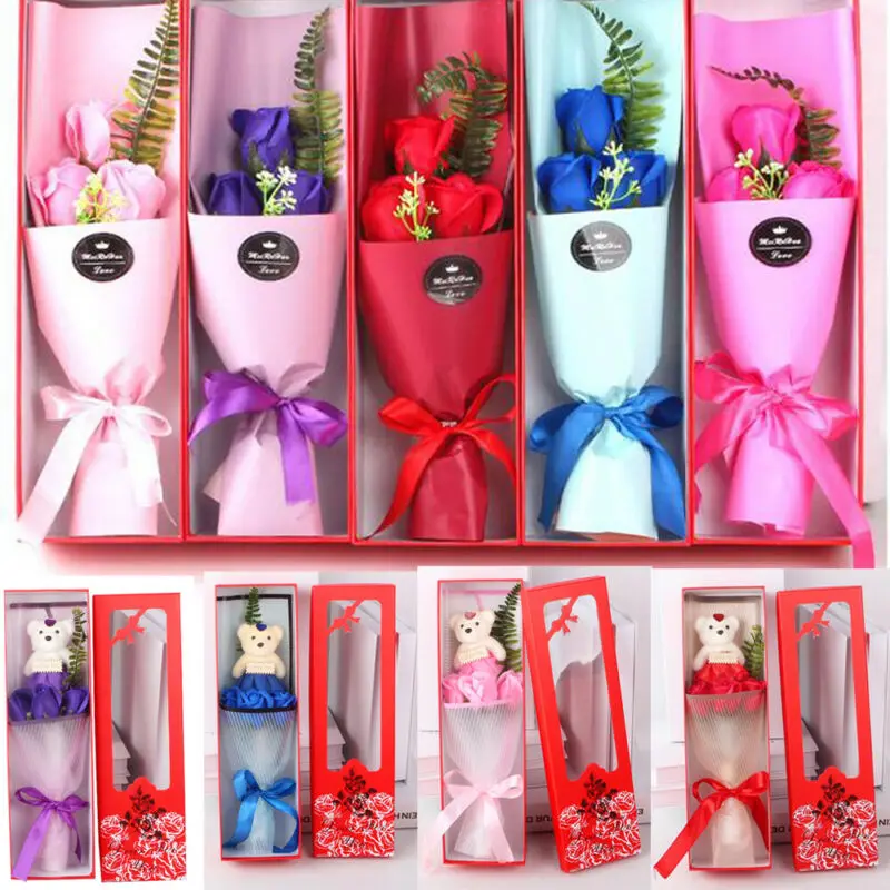 3Pcs Soap Flower Bouquet+Bear with Box Romantic Valentine's Day Creative Gift Forever Rose Birthday Wedding Decor | Дом и сад