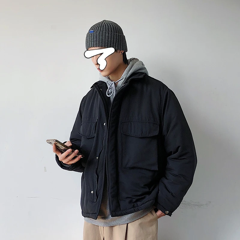 Winter New Short Jacket Men's Warm Thick Fashion Parka Men Solid Color Casual Cotton Coat Man Wild Loose Tooling Jacket Male