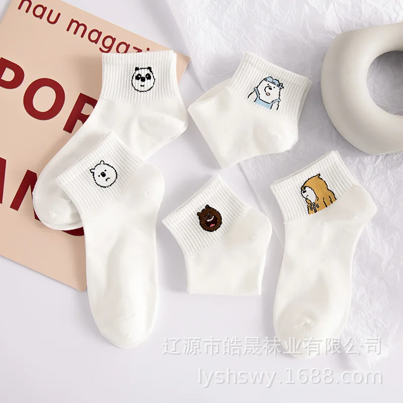 

Cartoon Women Cotton Socks White Breathable Cute Bear Panda Lovely Animal Pattern Girl Sock Combed of Pure Cotton Female Socks