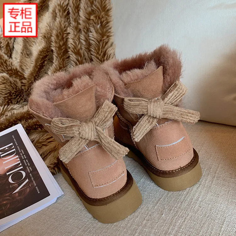 

Genuine Leather Snow Boots Sheep Fur 2019 Autumn And Winter New Style Flat Warm Cotton-padded Shoes Winter Cotton Boots WOMEN'S
