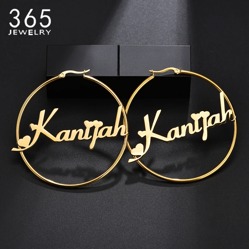 Mejor vendedor  Par de pendientes de acero inoxidable con nombre personalizado, tamaño 25mm-100mm, placa con nombre personalizada, círculo hecho a mano, regalo para mujer, 1 par RLwqe9Xzn0B