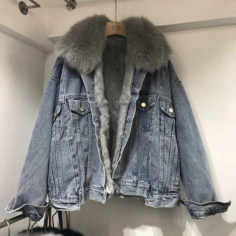 

2019 Winter Loose Short Thickened Jeans Coat Woman Rabbit Wool Liner Real Fox Fur Collar Denim Cotton Coat Women's Parka Jacjets