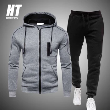 2 Pieces Sets Tracksuit Men Autumn Zipper Hoodie Sweatshirt+pants Solid Sporting Fitness Hooded Outerwear Jacket Joggers Suit 1