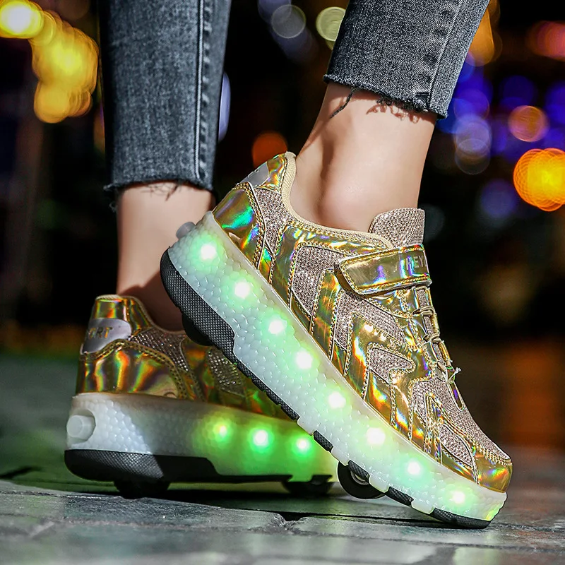 

2020 New Style Two-Wheel Runaway Shoes Children Mirror Lamp Shoes Teenager USB Charging LED Shining Shoes Manufacturer Direct Se