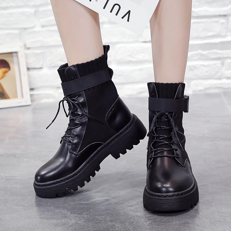 

Lucyever Fashion Buckle Platform Motorcycle Boots Women PU Leather Patckwork Sock Shoes Woman Lace Up Black Booties Mujer 2019