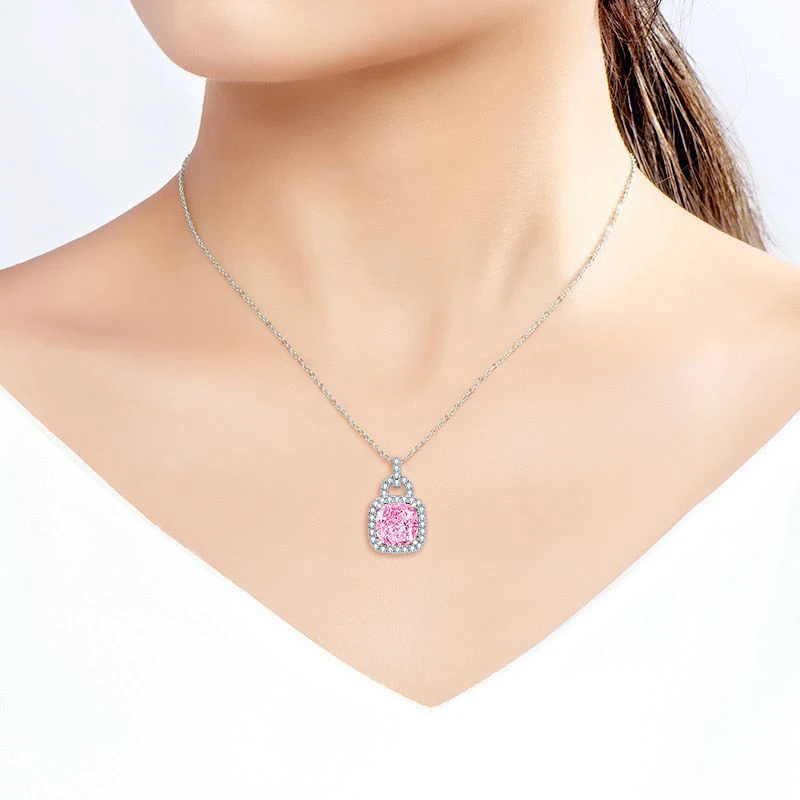 OEVAS 100% 925 Sterling Silver 10*10mm Pink High Carbon Diamond Pendant Necklace For Women Sparkling Wedding Party Fine Jewelry