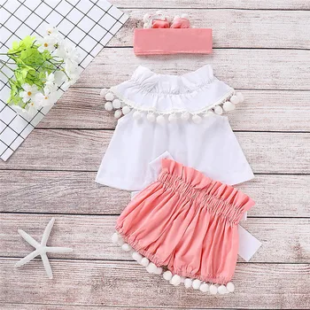 

Cute Baby Girls Sleeveless Outfits Infant Ruffles Solid Tops+Tassels Shorts Headband