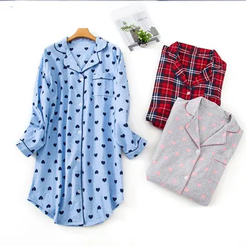 

100% Cotton Plaid Print Pockets Women Nightgowns Long Sleeve Casual Loose Ladies Nightdress 2020 Autumn Female Sleepwear