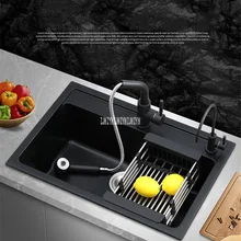 Однослотовая домашняя утолщенная кухонная кварцевая раковина Матовая Отделка Круглый Угловой Овощной Умывальник многофункциональный с краном