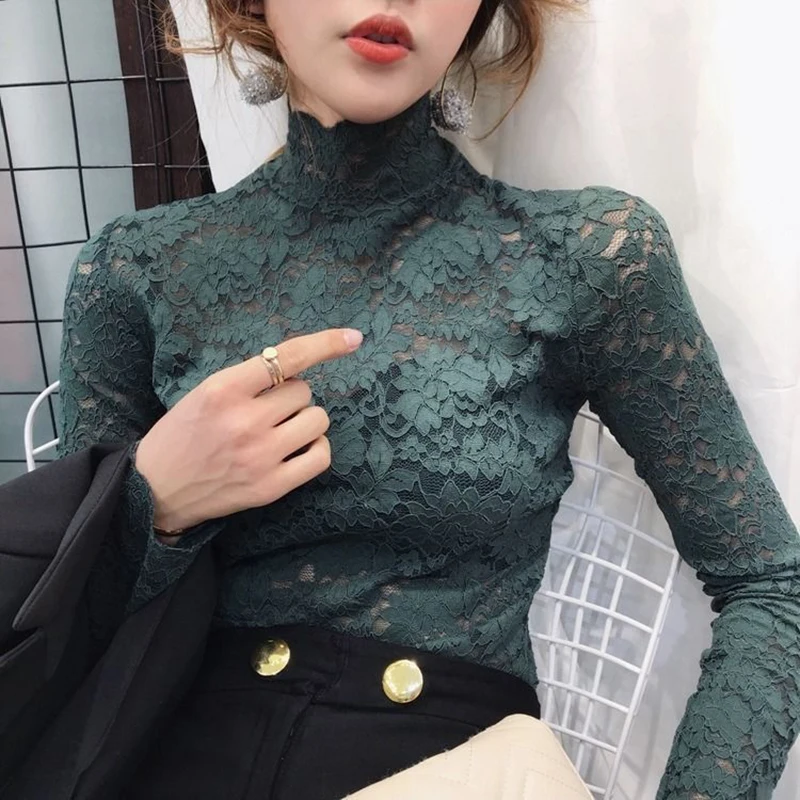 Sexy Women Mesh Lace Base Shirt Long Sleeve Transparent Undershirt Net Hollow Out Bottoming Shirt Half Turtleneck Tops Base