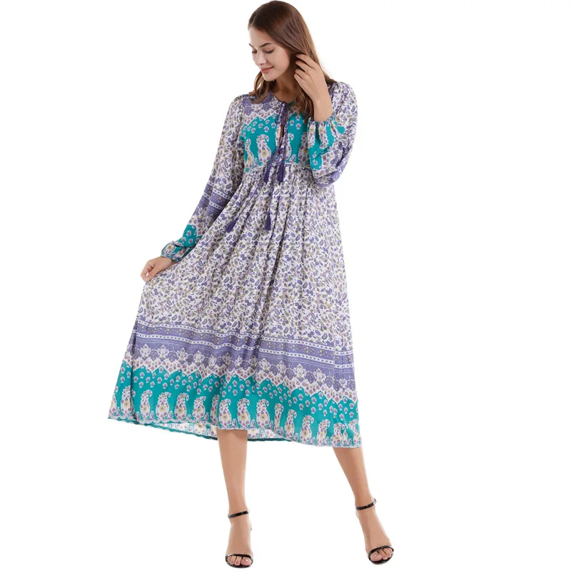 

Summer 2020 Boho Retro Dress Boho Print Long Sleeve Tassel V-Neck Loose Dress Ladies