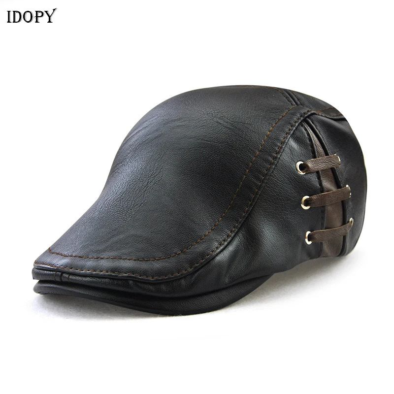 Мужские шапки Idopy из искусственной кожи черные на шнуровке в стиле панк теплые