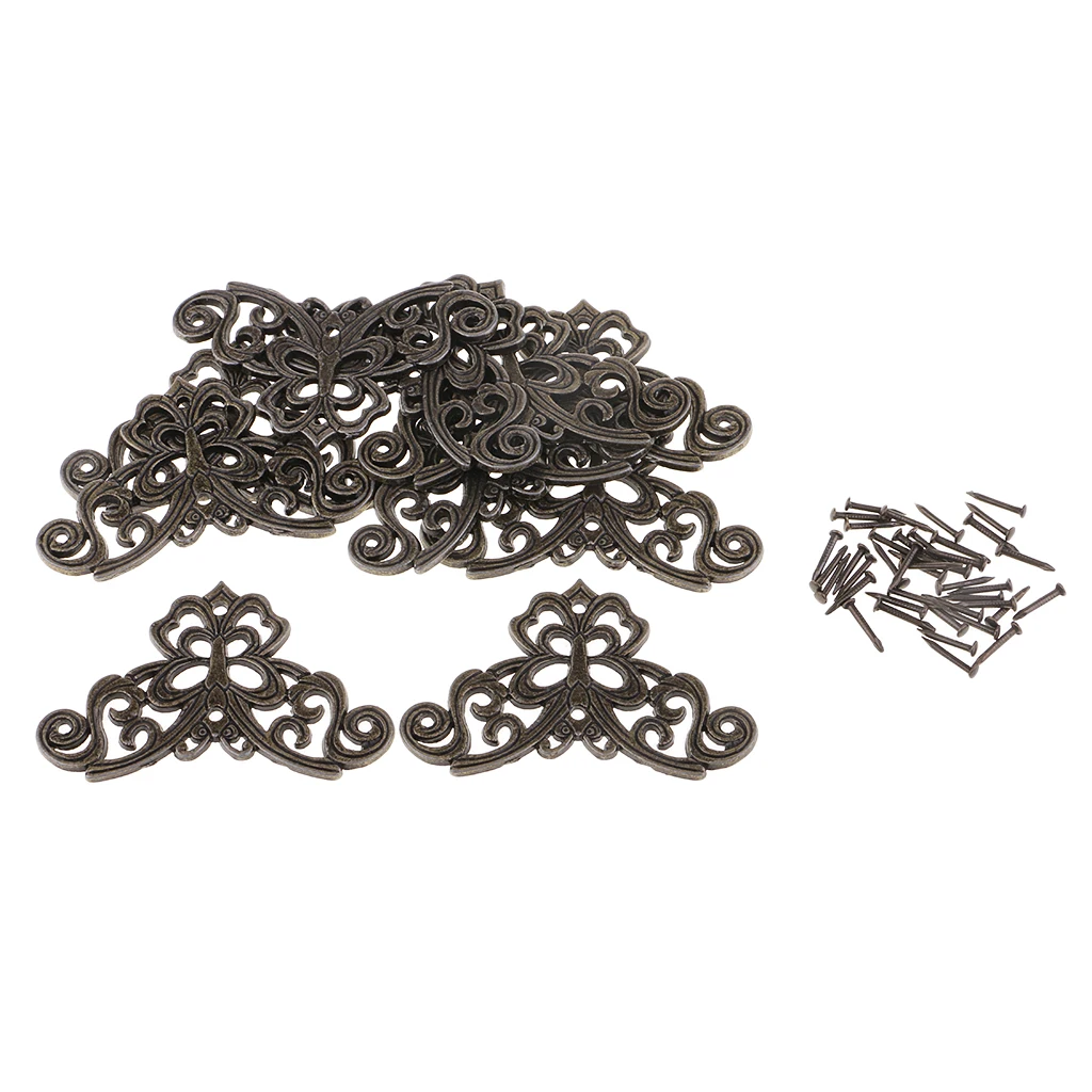 10 Pieces Decorative Jewelry Chest Wine Gift Box Wooden Case Corner Protector Bronze Tone Filigree Triangle Wraps Connectors