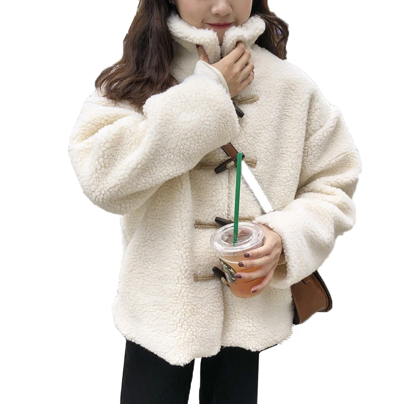 Women Winter New Lamb Cashmere Jacket Outerwear Large Size Standing Collar Loose Horn buckle Thickening Warm Coat Overcoat | Женская